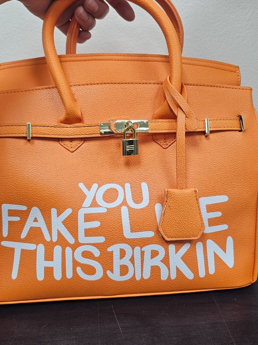 You Fake Like This Birkin Statement Satchel Handbag Orange Bright Color NWT - Picture 3 of 8
